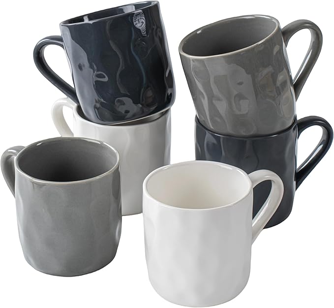 Porcelain Coffee Mugs Set of 6 with Hand Pinch Texture, Non-toxic, Stylish Gift 12 OZ Ceramic Coffee Tea Milk Coco Mug, Microwave and Dishwasher Safe (Dark blue, White, Grey)