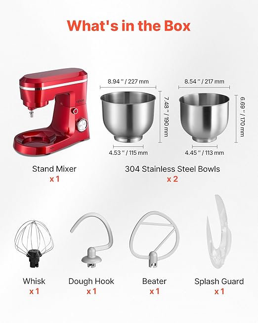 VEVOR Stand Mixer, 4.4 QT+6 QT Electric Kitchen Mixer, 300W Dough-Mixer, 10 Speeds Tilt-head Food-Mixer with Stainless Steel Bowls, Dough Hook, Whisk, Beater, for Baking, Mixing, Whipping & Kneading