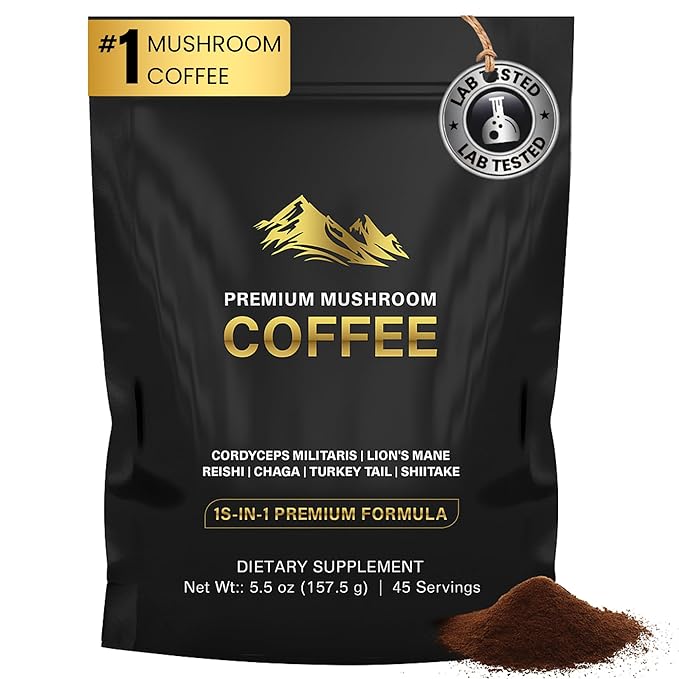 DLNIA Instant Organic Mushroom Coffee with 12 Adaptogenic Mushrooms, Arabica Beans, Coconut Milk & MCT Oil | Cordyceps, Lion’s Mane & Turkey Tail Instant Coffee for Better Energy, Focus, Digestion, Immunity