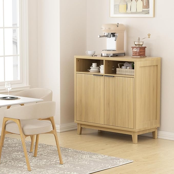 Fluted Sideboard Cabinet with Wavy Door Panel, Solid Wood Leg & Adjustable Shelf, Quality MDF Storage Cabinet for Entryway, Living Room, Dining Room, 15.7" D x 31.5" W x 32.3" H