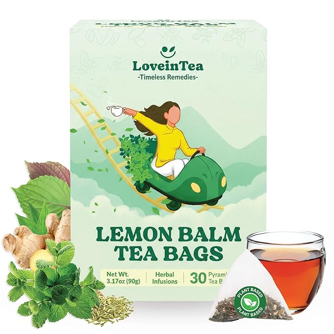 LoveinTea Lemon Balm Herbal Tea Bags, Caffeine-Free, 100% Natural Vietnamese Lemon Balm Blend, Plant-Based Pyramid Bags, 30 Count