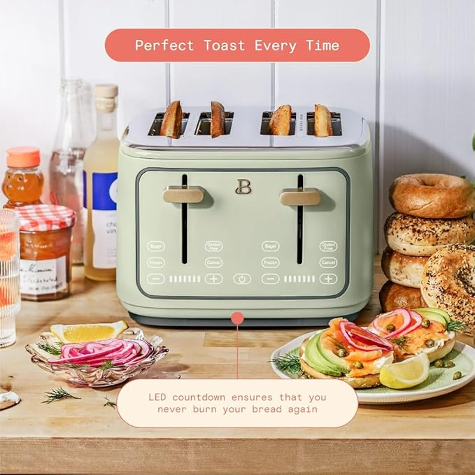 Beautiful 4-Slice Toaster by Drew Barrymore – Touch Display, Extra-Wide Slots, Bagel & Frozen Functions, Stainless Steel (Sage Green)