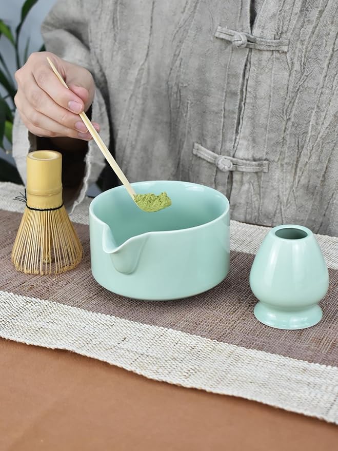 Artcome Premium Matcha Tool Set Green 1, 4 Pcs, Japanese Matcha Set with Bowl, Whisk, Holder, Scoop & Manual