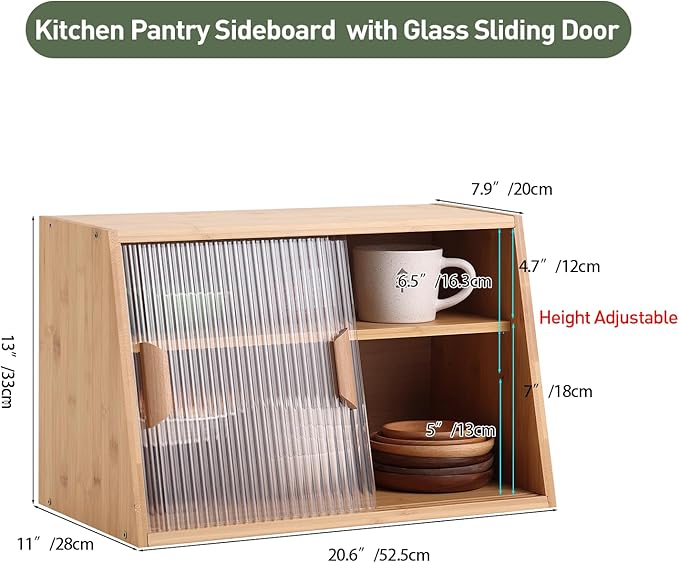 Wooden Kitchen Sideboard, Small Bamboo Countertop Organizer, Tabletop Cabinet with 2 Glass Sliding Door, Counter Cabinet for Kitchen, Living Room, Dinning Area and Bathroom, Wood