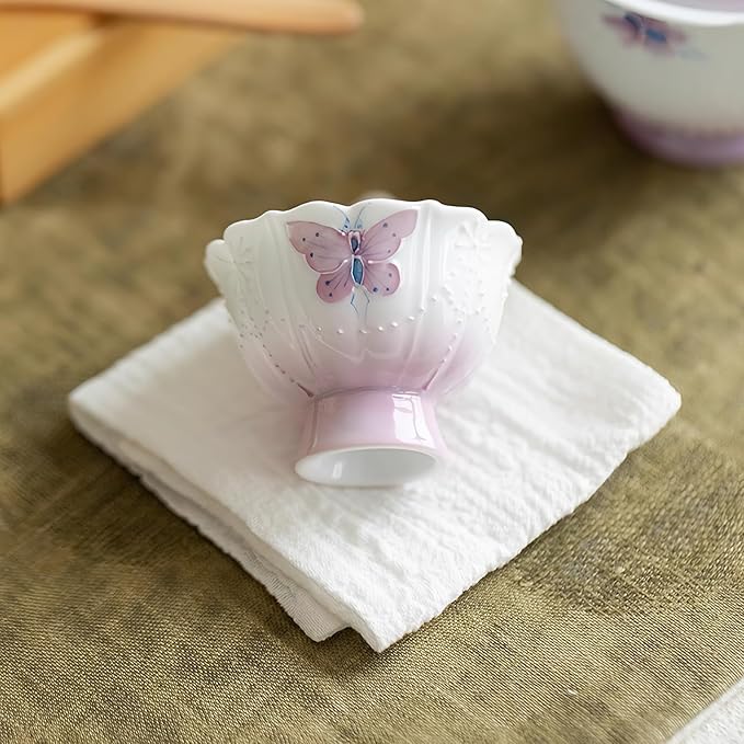 KAMMAK Tea Cup, 1.3oz Mini Porcelain Tea Cups Set of 2, Ceramic Teacups with Short Stem, Cute Teacup Set for Home, Tea Party, Chinese Kungfu Tea Set for Hot/Cold Drink (Purple Curtain Butterfly)