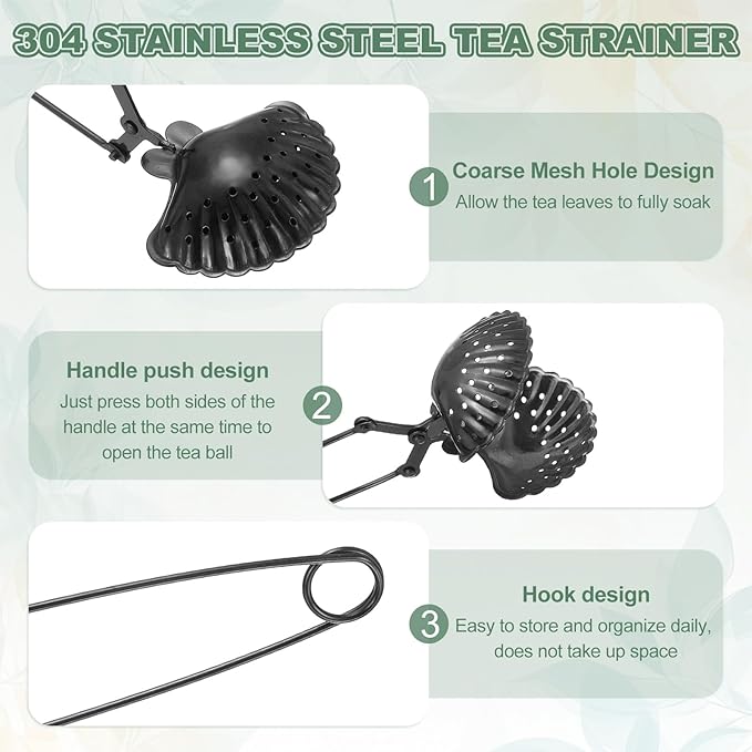 uxcell 1 Pcs Tea Infuser, Stainless Steel Loose Leaf Tea Infuser Filter, Long Handle Tea Steeper Strainers for Cup and Teapot for Tearoom Office Home, Shell Shaped Black