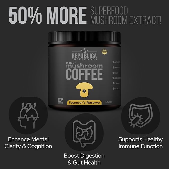 La Republica Founders Reserve Instant Mushroom Coffee Organic (35 Servings), Full Fruiting Bodies, 50% More Shrooms, Small Batch