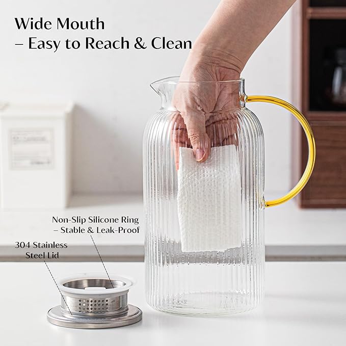INSETLAN 68oz/2L Glass Pitcher with Lid and Spout, 2-Pack Ribbed Glass Jugs with Handle, Hot&Cold Water Pitcher for Iced Tea, Juice, Lemonade – Modern Carafe for Fridge or Table