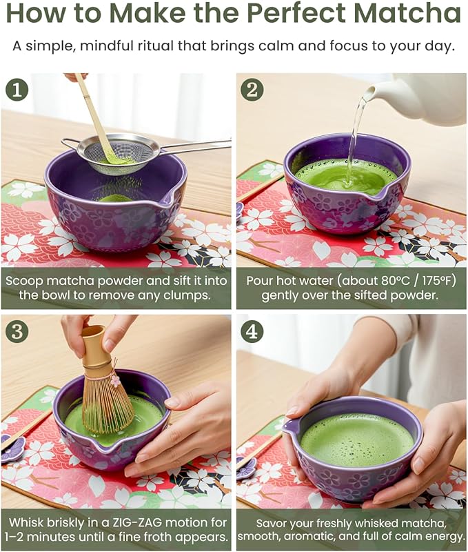 Matcha Whisk Sets 7 Pcs Includes Ceramic Bowl, Bamboo Whisk, Scoop, Sifter, Whisk Holder, Scoop Rest & Tea Towel | Japanese Matcha Ceremony Gift Set for Matcha Lovers (Purple)