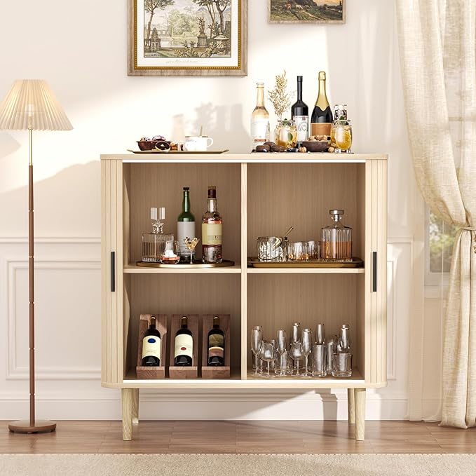 35" Fluted Accent Buffet Cabinet, Oak Small Storage Sideboard with Sliding Door, Mid Century Natural Credenza with Solid Wood Leg, Wine Coffee Bar Console Table for Kitchen, Entryway, Diningroom