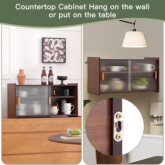 Wall Mounted Bamboo Countertop Storage Cabinet with Glass Door, Hanging Kitchen Cupboard with Adjustable Shelves, Small Pantry Sideboard for Dining Room, Bathroom, Walnut