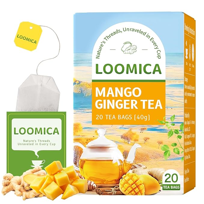 LOOMICA Mango Ginger Tea Bags, Caffeine-Free, Spiced Herbal Tea with Ginger, Cardamom & Cinnamon, Naturally Sweet & Tropical Vibe, Perfect for Relaxation, 20 Counts