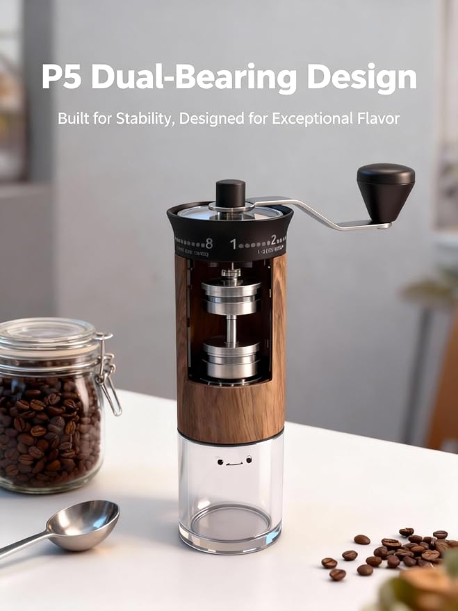 LAMIDO Mini Manual Coffee Grinder, 56 External Adjustable Settings, 30g Capacity, Portable Ceramic Conical Burr Mill with Crank, Single Dose Hand Grinder for Camping, Travel - Wood Grain