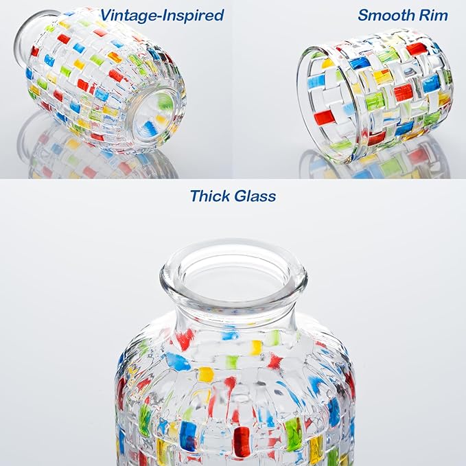 Bedside Carafe and Glass Pitcher Set of 4, Hand-Painted 16oz Glass Pitcher with Cup Lid -Christmas Gifts, Wedding & Bridal Shower Gift, Birthday Gift