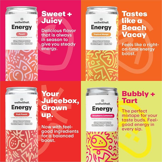 WellWithAll Energy Drink Variety Pack – Strawberry Lemonade, Fruit Punch, Tropical Mango, and Peach Flavors – Caffeine from Tea – With Vitamin C – Lightly Sparkling Beverage – Fruit & Veggie Juice Blend – 12 Oz (Pack of 12 – 3 Cans of Each Flavor)