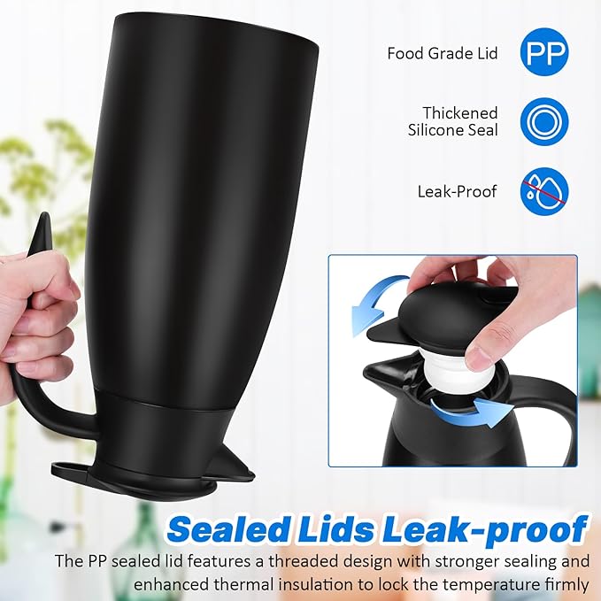 68OZ Thermal Coffee Carafes for Keeping Hot, 2 Liter Stainless Steel Thermal Carafe, Double Wall Vacuum Insulated Pitcher Tea Pot for Coffee Tea Keep Hot 12 Hours, Black