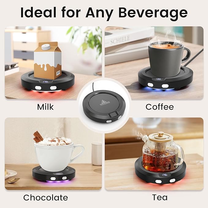 Mug Warmer, Coffee Warmer for Desk, Coffee Cup Warmer with 3 Temp Settings and Ambient Light, 2-12H Timer, 30W, Black