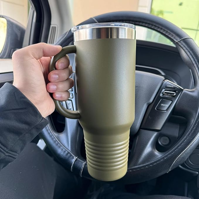 LaserGram 40oz Vacuum Insulated Travel Mug with Handle, Tiki Statue, Personalized Engraving Included (Navy Blue)