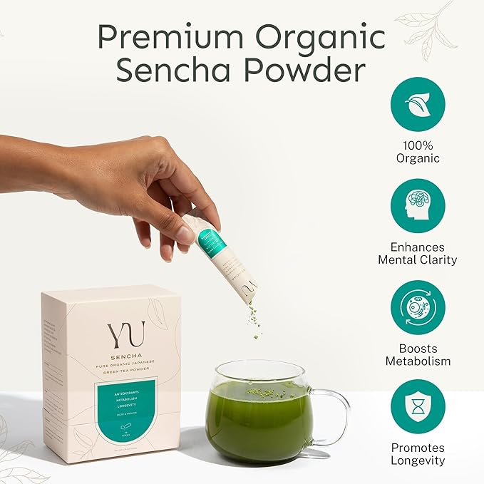 Yu Tea Organic Sencha Green Tea Powder, 30 Instant Packets | Rich in Antioxidants, EGCG, & L-Theanine | Pure Japanese First Harvest Leaf | Low Caffeine & Unsweetened | Single Serve Sticks