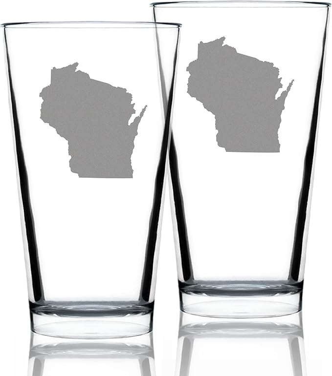 Wisconsin State Outline - Pint Glasses for Beer - Set of 2 - State Themed Drinking Decor and Gifts for Wisconsinites - 16 Ounce