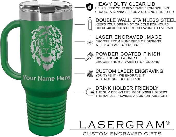 LaserGram 40oz Vacuum Insulated Travel Mug with Handle, Tiki Statue, Personalized Engraving Included (Green)