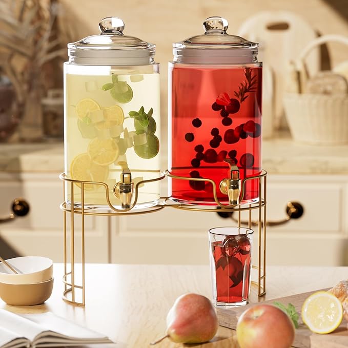 Glass Drink Dispensers For Parties, 2 PACK 1 Gallon Beverage Dispenser With Lids, Gold Metal Stand And Spigot 100% Leak proof. Lemonade Dispenser With Chalk board