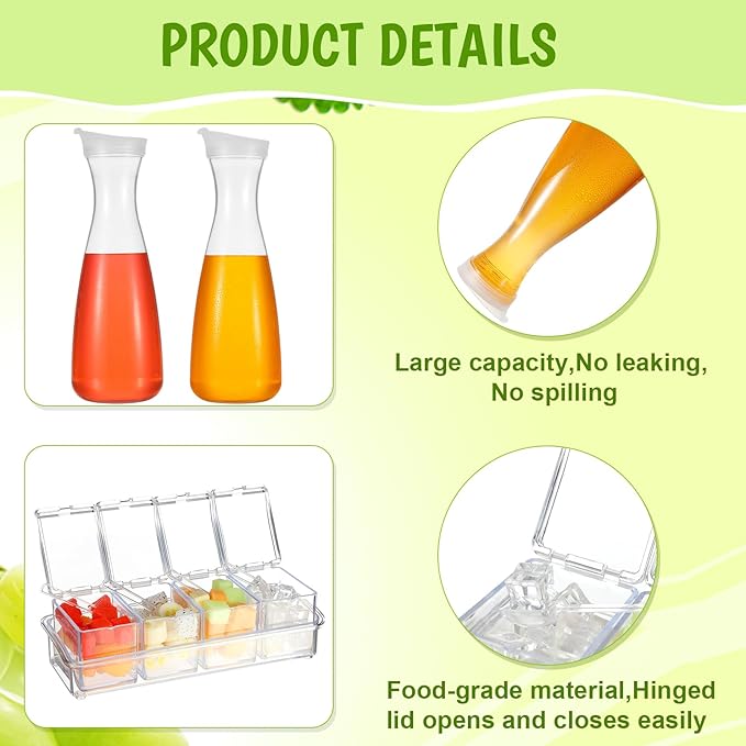 Honeydak 5 Pcs Mimosa Bar Supplies Include 4 Pcs 47 oz Plastic Carafe with Lids Clear Round Juice Pitcher Containers 1 Seasoning Box with Lid and Spoon for Christmas Party Serving Storage (Clear)