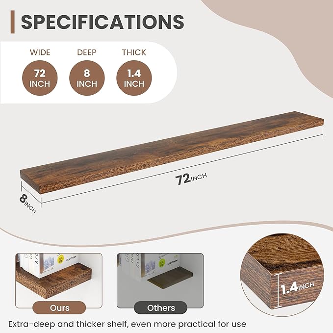 72 Inch Floating Shelves, 8 Inch Deep Floating Shelves for Wall, Hanging Shelf with Invisible Brackets, Deep Shelves for Bathroom, Bedroom, Living Room, Brown, Set of 1