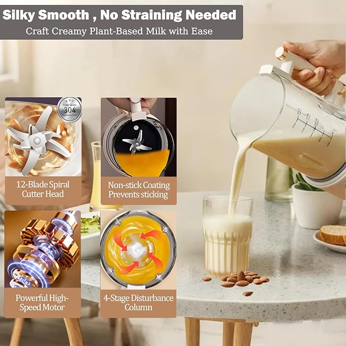 50oz Nut Milk Maker Machine, 10-in-1 Soy, Almond, Oat & Rice Milk Maker with 12 Stainless Steel Blades, Plant-Based Vegan Blender with Delay Start, Temp Hold, Boil Water & Easy Self-Cleaning