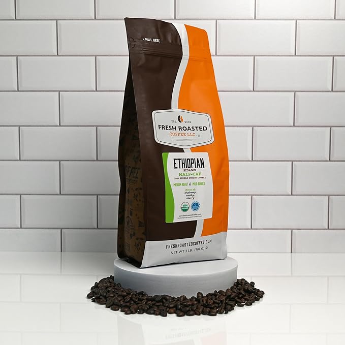 Fresh Roasted Coffee, Organic Ethiopian Sidamo Water-Processed Half-Caf | USDA Organic, 100% Single Origin, Kosher | Medium Roast 2 lb (32 oz) Whole Bean