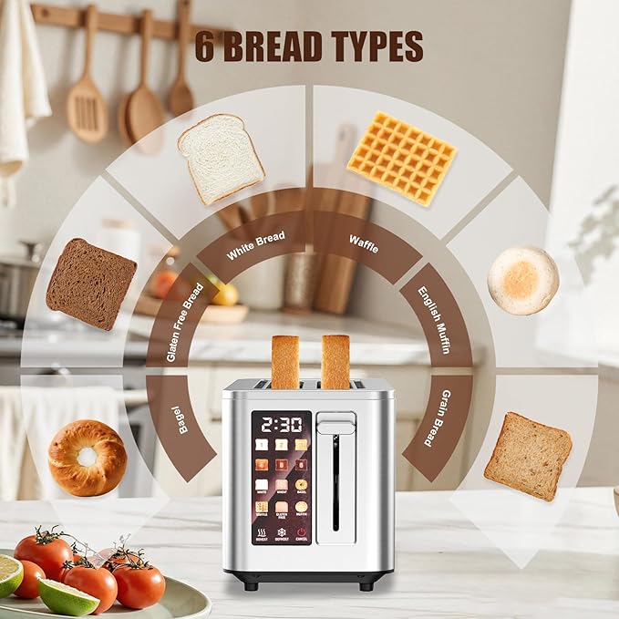 Touch Screen Toaster 4 Slice, 4 Bread Types, 4 Shade Settings, LCD Display, Extra Wide 1.5" Slots, Memory Function, 1400W，16.54 * 8.66 * 7.48inch
