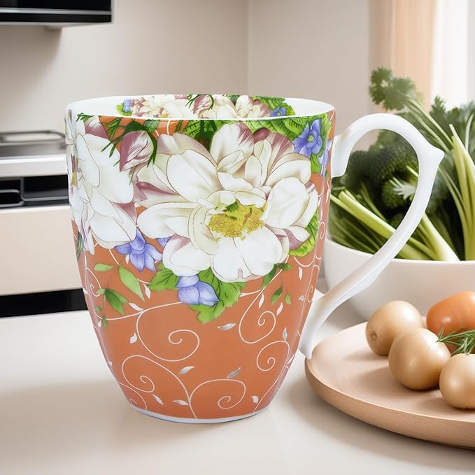 14oz Bone China Coffee Mugs for Women Floral Coffee Mug Tea Cups Novetly Coffee Cups Gift for Women Mom Friends