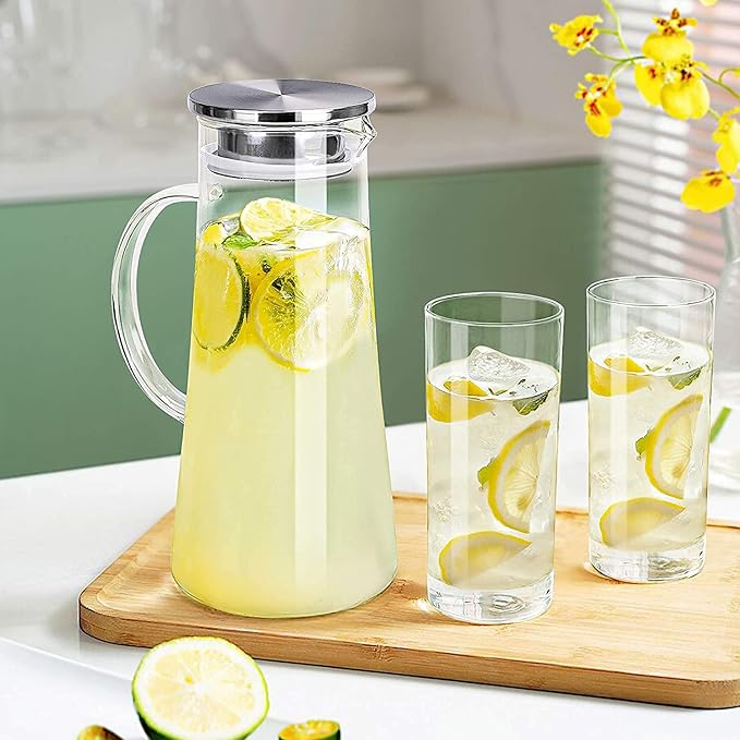Glass Pitcher With Lid, 51oz/1.5Liter Water Carafe With Handle for Fridge, Iced Tea, Milk, Hot and Cold Beverage, Borosilicate Juice Jug