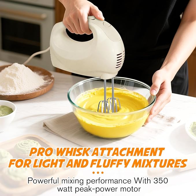 Handmixer Electric Handheld - 5 Speed Portable Kitchen Mixer Electric with 5 Stainless Steel Accessories Whisk, Food Beater for Whipping Mixing Cookies(Ivory)