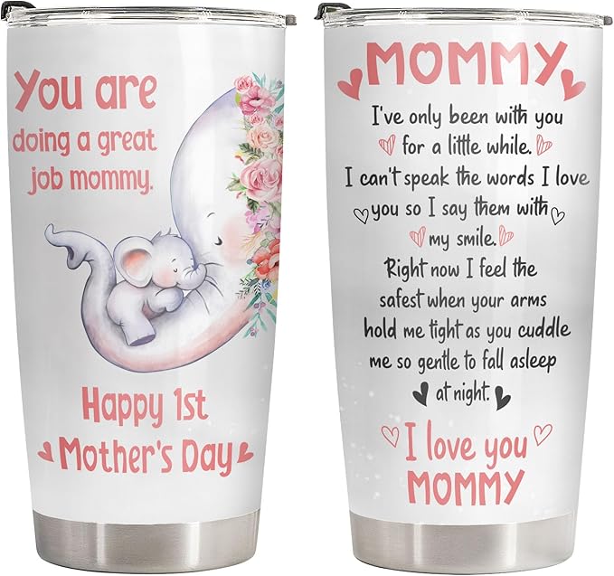34HD Elephant Mom Tumbler 20oz, Stainless Steel Vacuum Insulated First Mothers Day Mug with Lid, Elephant Gifts for First Time, New, Expecting Mommy, Mother and Child Gifts