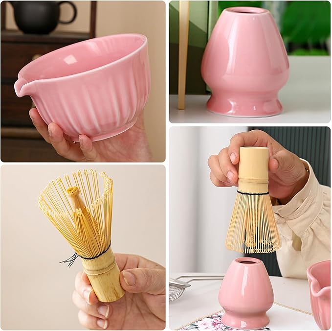 Matcha Whisk Set, 8 Pcs Matcha Kit Includes Matcha Bowl with Spout, Bamboo Whisk, Ceramic Holder, Bamboo Scoop x2, Scoop Rest, Stainless Sifter and Tea Towel, Gift for Matcha Lover (Pink)