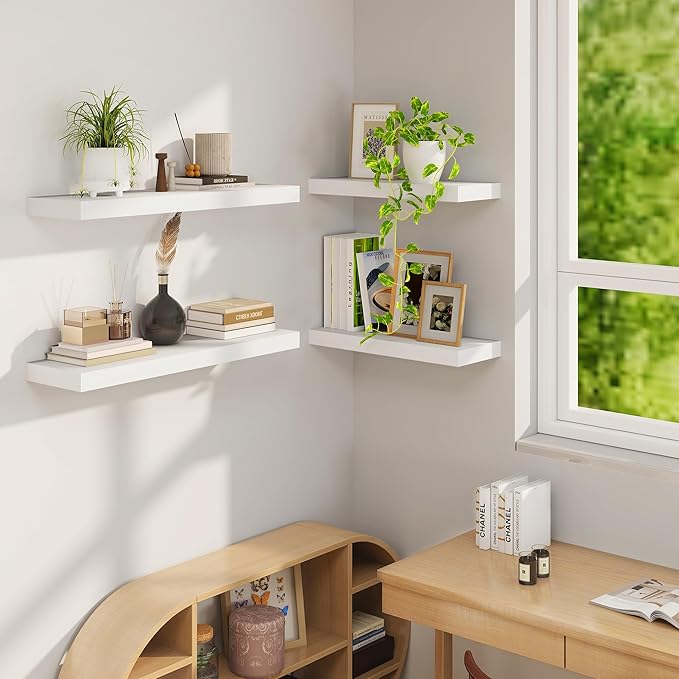Fun Memories Floating Shelves, 9.3'' Deep Solid Pine Wood Wall Shelves for Storage, Wall Mounted Display Shelf with Invisible Heavy-Duty Metal Bracket, 36'' Width Set of 2, White