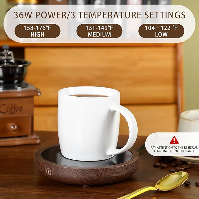 2 Pack Coffee Mug Warmer, Cup Warmer for Hot Drinks, 36w Heating Plate with 4h Auto Shut Off, 3-Temp Settings for Chocolate Milk Tea Beverage Jar Candle Warmer Home Office Desk(Wood Color)