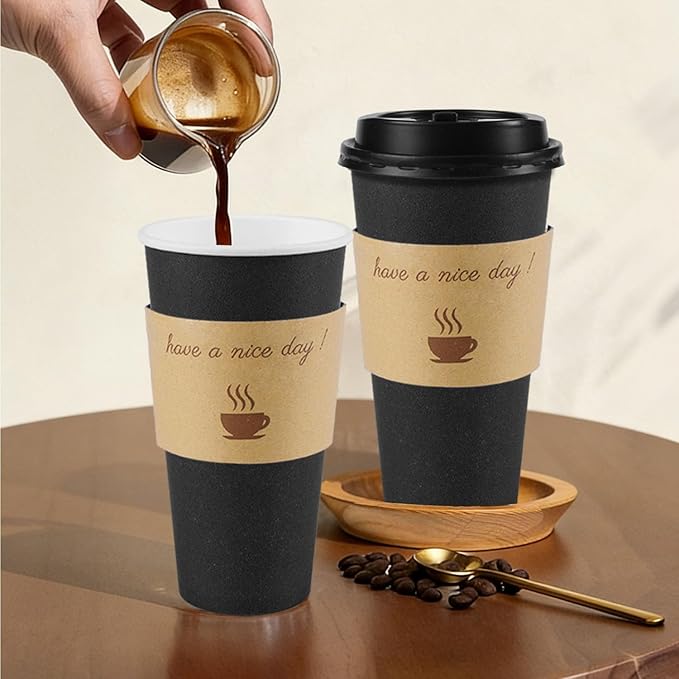 50 Pack 20 oz Coffee Cups with Lids, Disposable To Go Paper Coffee Cups with Sleeves and Stirring Sticks for Hot/Cold Drinks Office Home Shop Event (Black)