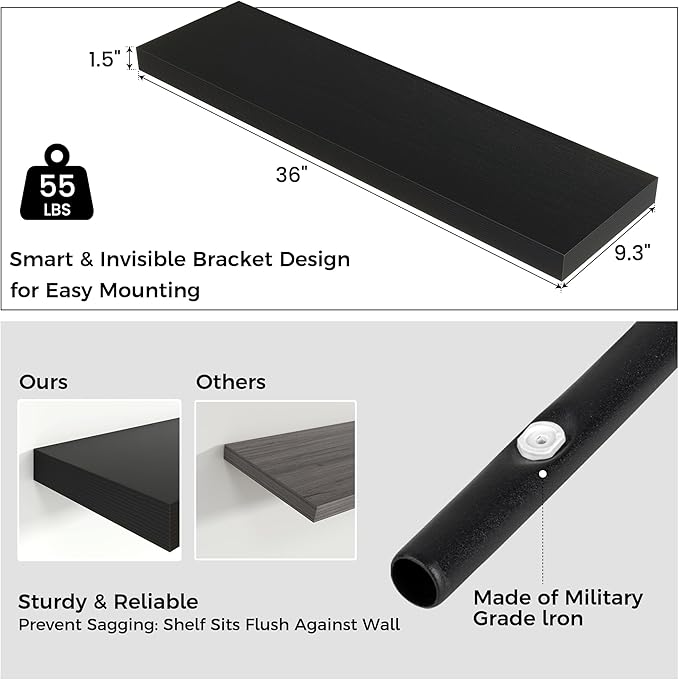 Floating Shelves for Wall, Engineered Wood Wall Shelves with Invisible Brackets for Living Room Bedroom Bathroom Office Kitchen Decor and Storage (Black, 36" W x 9" D x 1.5" H) Set of 2