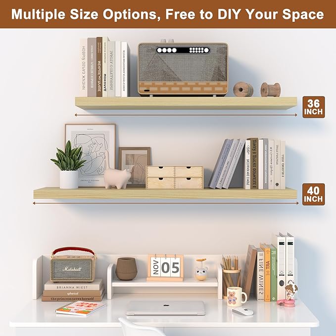 12 Inch Deep Floating Shelves for Wall 2 Pack Floating Shelfs Large Storage Space Wall Decor Display Shelf for Bathroom Living Room Bedroom Kitchen 36" W x 12" D x 1.2" H Natural Wood
