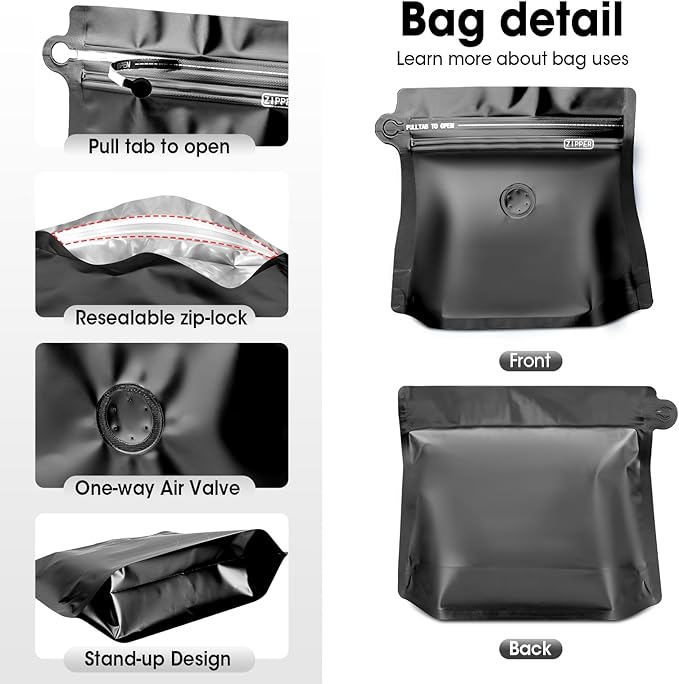 8oz 1/2 lb 60pcs Coffee Bags with Valve,Vented Coffee Bag Packing Food Store Bags Coffee Packaging Stand-up Coffee Storage Pouches Diamond Shaped Need to Use Heat Sealing Machine（Black）
