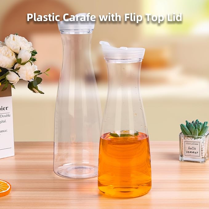 35oz/51oz Plastic Water Carafe with Flip Top Lid, Round Base Juice Containers for Mimosa Bar - BPA-Free Leakproof Beverage Pitcher for Water, Iced Tea, Milk & Fridge Storage（2Pack/35oz ）