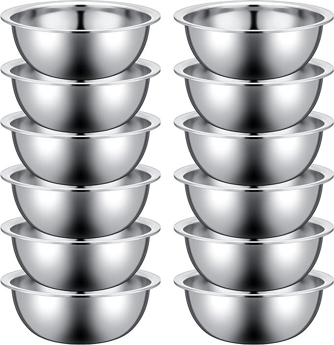 Pinkunn 12 Pcs Stainless Steel Mixing Bowls, Nesting Metal Salad Prep Bowls Bulk Reusable Baking Food Container Large Medium Small for Kitchen Hotel Restaurant Cooking, Silver (12.6 x 4.25 Inch)