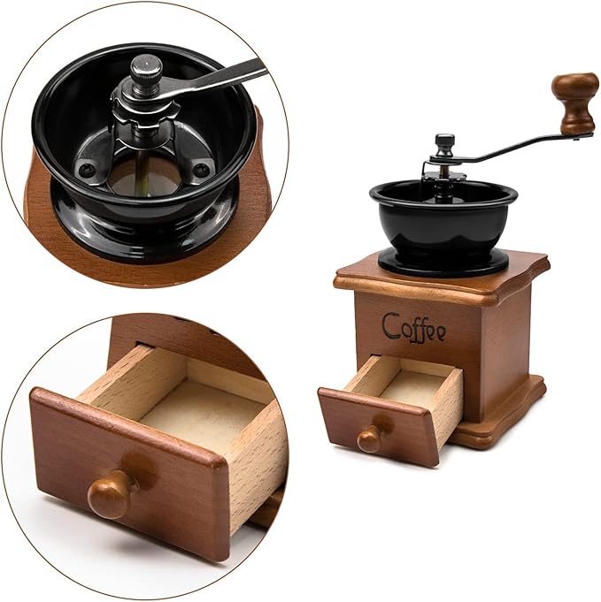 Manual Coffee Grinder, Vintage Wooden Mini Portable Hand Crank with Ceramic Burr, Coffee Grinder Manual Adjustable Coarseness Setting for Espresso French Press Drip Coffee, Antique Display Gift
