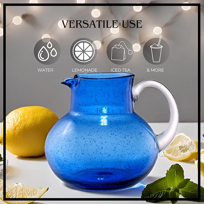 Artland Iris 90 Oz Handblown Glass Pitcher - Bubble Shape, Lead-Free - Versatile Drink Dispenser for Water, Juice, Cocktails - Enhanced Kitchen Decor, Dishwasher Safe (Cobalt Blue)