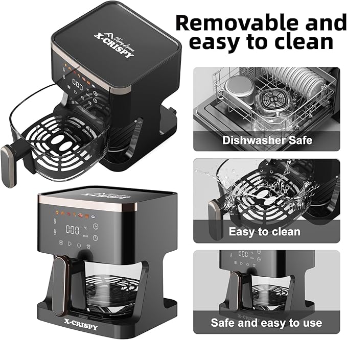 APSARAS USA Air Fryer Glass, 5.2QT Convection Oven Glass Air Fryer Non Toxic, Healthy Kitchen Bake,Grill,Steam Broil, & Roast -Includes Bowl,Broil Rack,Toasting Rack & More 97% Less Oil