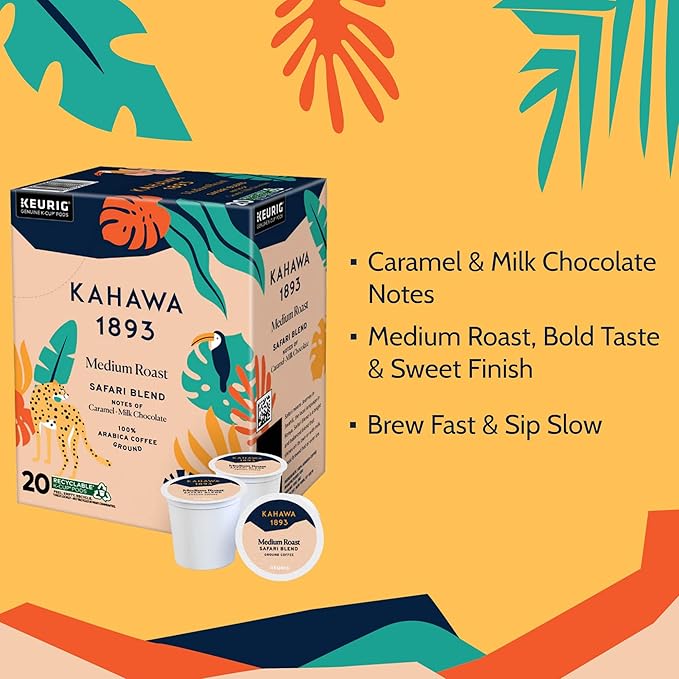 Kahawa 1893 Medium Roast Coffee K-Cup Pods Safari Blend (20 Count) - As Seen on Shark Tank, High Antioxidants, Naturally Sweet, Organically Grown & Cultivated, Ethically & Sustainably Sourced