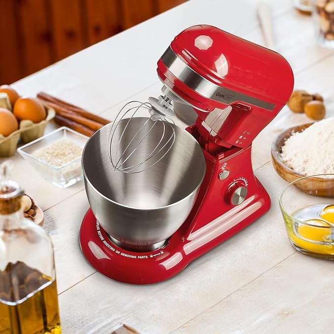 Geek Chef Electric Stand Mixer, 4.8QT 12 Speeds Tilt-head Food Mixer with Dough Hook, Whisk, Beater, Bowl, Rotary Knob for Home Kitchen Use, Wild Red