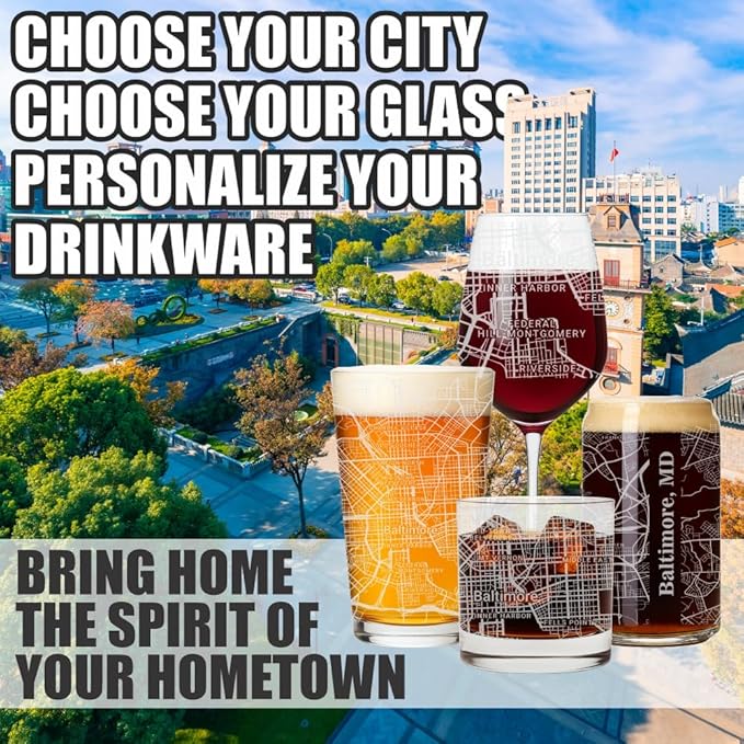 Blue Ridge Mountain Gifts - Baltimore Souvenir - Maryland Glassware Gift, Etched City Map, Laser Engraved and Dishwasher Safe